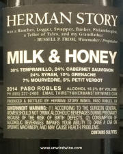 Herman Story Milk & Honey Paso Robles Red Blend 2014 Rear Label