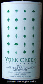 York Creek Spring Mountain Napa Valley Meritage 2001 label