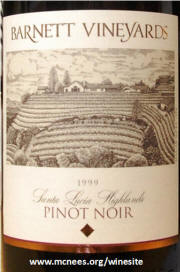 Barnet Vineyards Santa Lucia Highlands Pinot Noir 1999 label