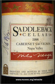 Nils Venge signed Saddleback Cellars Napa Oakville Cabernet Sauvignon 1996 label
