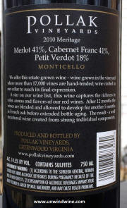 Pollack Vineyards Monticello Meritage 2010 Rear Label