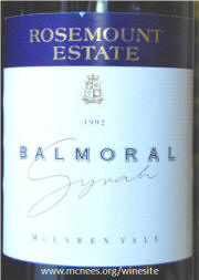 Rosemount Estate Balmoral McLaren Vale Shiraz 1992 label