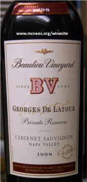 Beaulieu Vineyards Georges de Latour 1998 label
