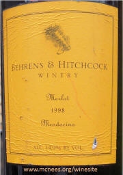 Behrens & Hitchcock Mendocino Merlot 1998 Label