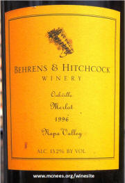 Behrens & Hitchcock Napa Valley Oakville Merlot 1996 Label