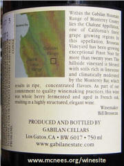 Gabilan Cellars Broussou Vineyards Pinot Noir 2004 Label