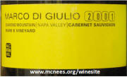 Marco Di Guilio Napa Valley Diamond Mountain Mark K Vineyard Cabernet Sauvignon 2001 label