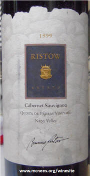 Ristow Estate Cabernet Sauvignon Quinta de Pedras Vineyard 1999 Label