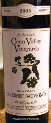 Conn Valley Vineyards Reserve Cabernet 2005 label on McNees.org/winesite