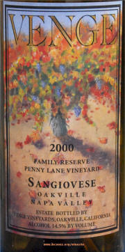 Venge Penny Lane Vineyard Family Reserve 2000 Sangiovese label