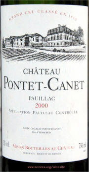 Chateau Pontet Canet 2000 label on McNees.org/winesite