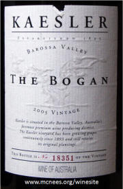 Kaesler The Bogan Barossa Valley Shiraz 2005 label