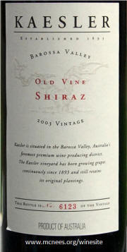 Kaesler Barossa Valley Old Vines Shiraz 2003 Label