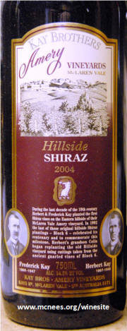Kay Brothers Amery Vineyards Hillside Shiraz 2004 label