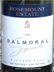 Rosemount Balmoral Syrah 2002 Label