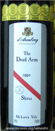 d'Arenberg Dead Arm McLaren Vale Shiraz 2000 label