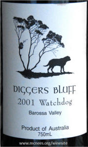 Diggers Bluff Watchdog Shiraz cab 2001 label on McNees.org/winesite