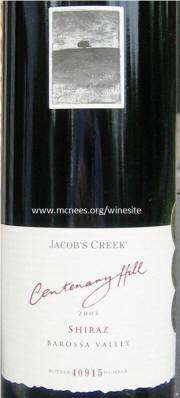 Jacobs Creek Centenary Hill Barossa Shiraz 2003 Label