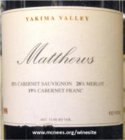 Matthews Cellars Yakima Valley Red Wine 1998 label