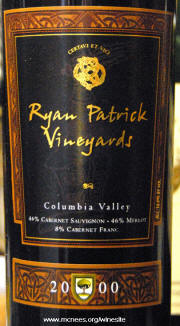 Patrick Ryan Vineyards Colmumbia Valley Red Wine 2000 label