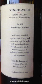 Vindicated Napa Valley Cabernet Sauvignon 2012 rear label