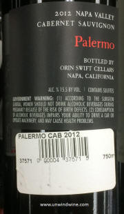 Orin Swift Palermo 2012 rear label