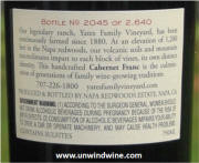Yates Family Vineyard & Winery 'Cheval' Mt Veeder Cabernet Franc 2007 - Rear label