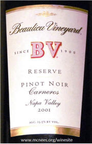 Beaulieu Vineyards Reserve Carneros Pinot Noir 2001 Label on Rick's WineSite