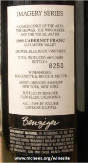 Benziger Alexander Valley Imagery Series Cabernet Franc 1999 rear label