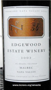 Edgewood Estate Winery St Helena Triangle Napa Valley Malbec 2002 Napa Valley Premiere 2004