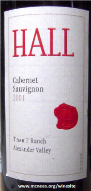 Hall T Bar T Alexander Valley Cabernet Sauvignon 2001 label