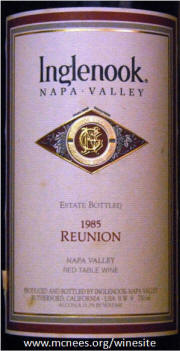 Inglenook Reunion Napa Valley Estate Bottled Red Table Wine 1985