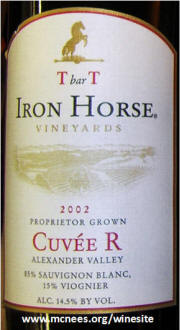 Iron Horse Vineyards T Bar T Cuvee R Alexander Valley Sauvignon Blanc 2002 label