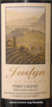 Juslyn Vineyards Perry's Blend Napa Valley 2002 label