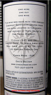 One Acre Napa Oak Knoll District Cabernet Sauvignon 2005 rear label