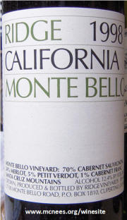 Ridge Monte Bello Cabernet Sauvignon 1998 label