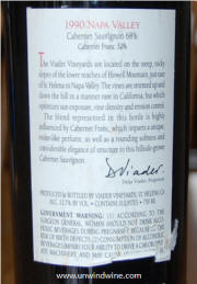Viader Napa Valley Proprietary Red 1990 rear label