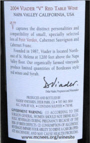 Viader "V" Napa Valley Red Table Wine 2004 Rear Label 
