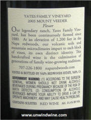 Yates Family Vineyard and Winery - Flower Mt Veeder Merlot 2005 - Rear Label