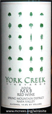 York Creek Vineyards MXB Red Wine 2004 label
