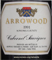 Arrowood Sonoma Cabernet Sauvignon 1991 label