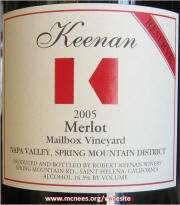 Keenan Winery Napa Valley Spring Mountain Mailbox Merlot Reserve 2005 Magnum label