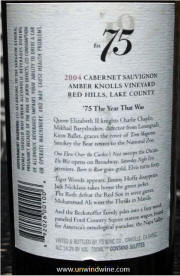 Seventy Five Wine Company Amber Knolls cabernet sauvignon 2004 rear label