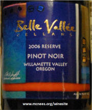 Belle Vallee Cellars Willamette Pinot Noir Reserve 2006 label