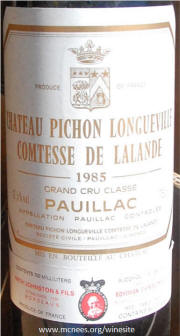 Chateau Pichon Longueville Comtesse De Lalande 1985 label