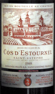 Chateau Cos d' Estournel 1989 label on McNees.org/winesite