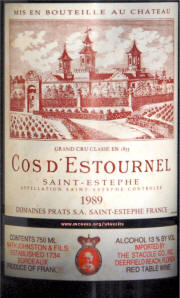 Chateau Cos D' Estournel 1989 label on McNees.org/winesite