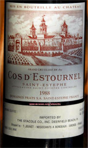 Chateau Cos d'Estournel 1988 label on McNees.org/winesite