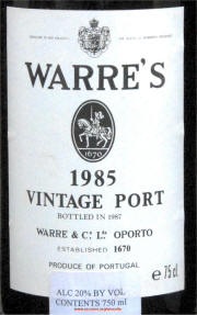 Warre's Vintage Port 1985 Label