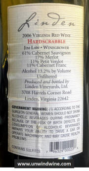 Linden Hardscrabble Red Wine 2006 rear label